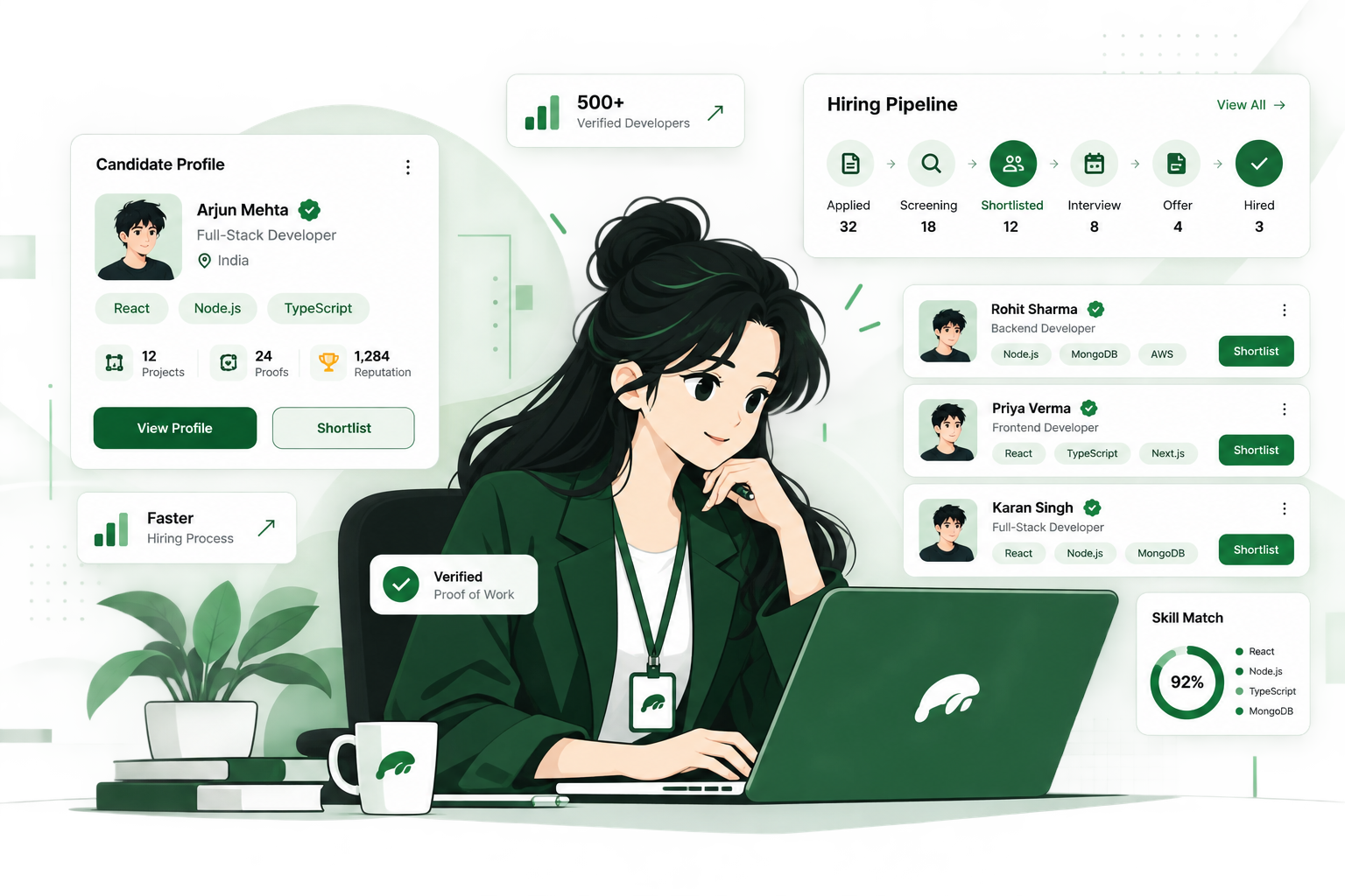 Illustration of a recruiter reviewing a candidate's verified work in BuildsProof HR Mode.